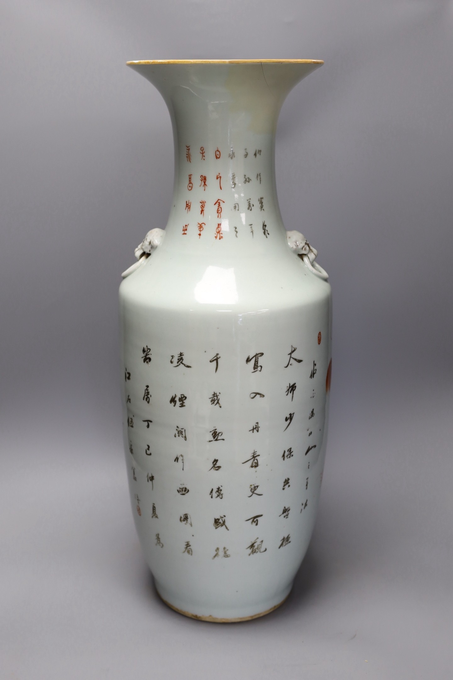 A large Chinese iron red enamelled ‘Buddhist lion’ vase, 59cm tall